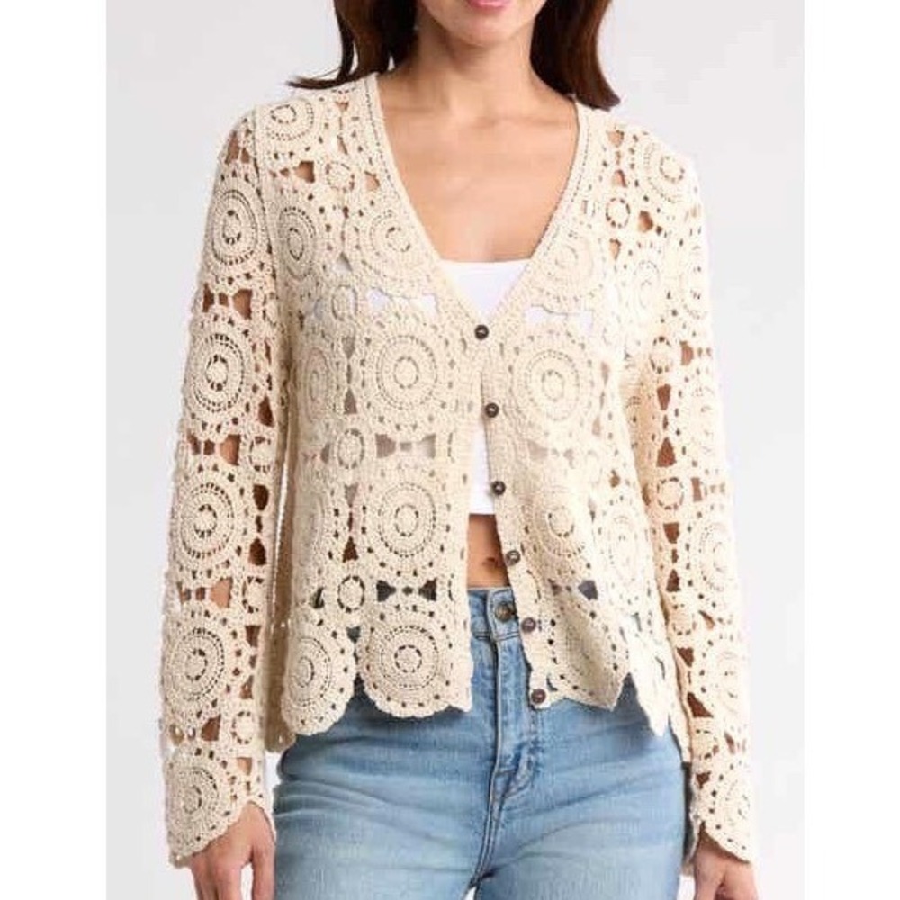 Cottagecore Coastal Crochet Cardigan Beige Open Weave VNeck Bohemian Long Sleeve